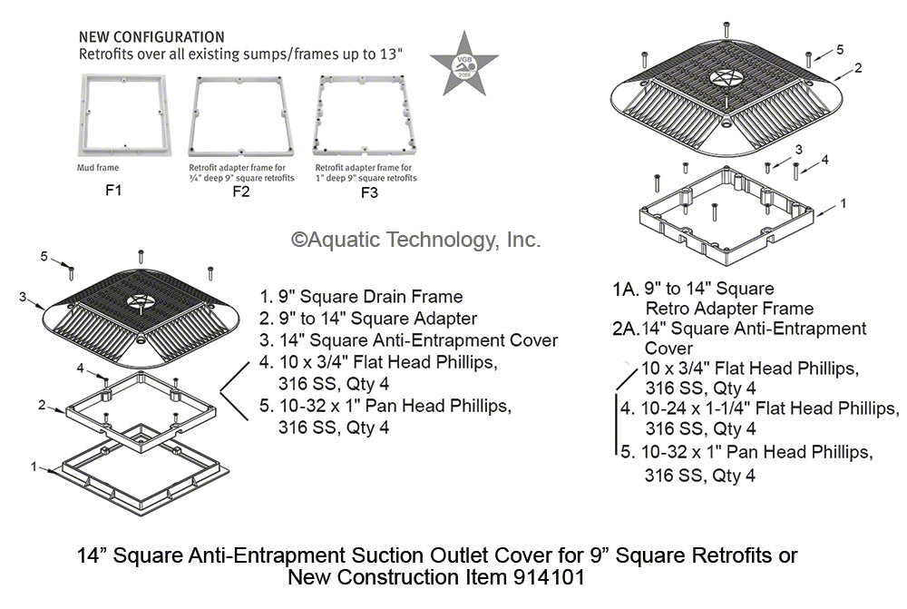 AquaStar 14 Inch Square Anti-Entrapment Cover for 9 Inch Square Retrofit Main Drain Parts