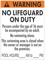 New Jersey No Lifeguard Warning Sign With Pool Hours - 36 x 48 Inches on White Aluminum (Customize or Leave Blank)