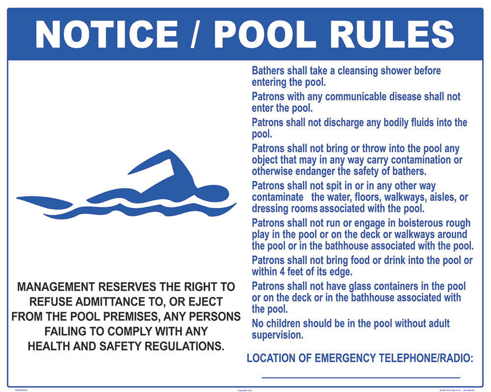 New Hampshire Pool Rules With Graphic Sign - 30 x 24 Inches on Styrene Plastic (Customize or Leave Blank)