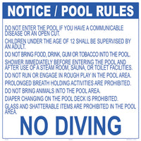 Wisconsin Pool Rules No Diving Pool Sign - 30 x 30 Inches on Styrene Plastic