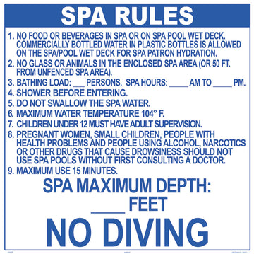 Florida Spa Rules No Diving Sign - 36 x 36 Inches on Heavy-Duty Aluminum (Customize or Leave Blank)