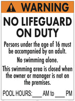 New Jersey No Lifeguard Warning Sign With Pool Hours - 36 x 48 Inches on White Styrene (Customize or Leave Blank)
