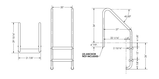 2-Step 27 Inch Wide Standard Ladder 1.50 x .083 Inch - Marine Grade