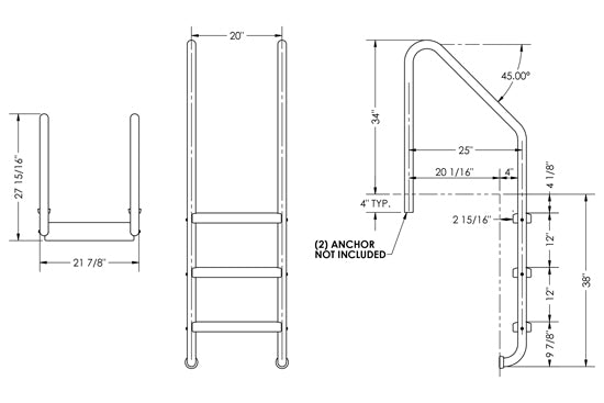 3-Step 25 Inch Wide Standard Ladder 1.50 x .083 Inch - Marine Grade