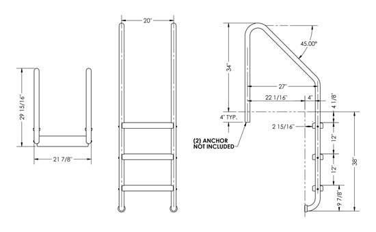 3-Step 27 Inch Wide Standard Ladder 1.50 x .083 Inch - Marine Grade