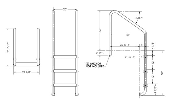 3-Step 30 Inch Wide Standard Ladder 1.50 x .083 Inch - Marine Grade