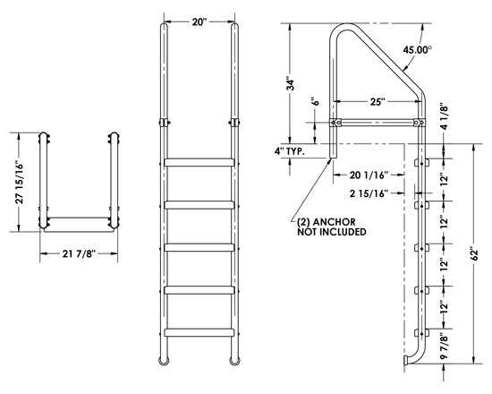 5-Step 25 Inch Wide Cross-Braced Heavy-Duty Ladder 1.90 OD x .109 Inch