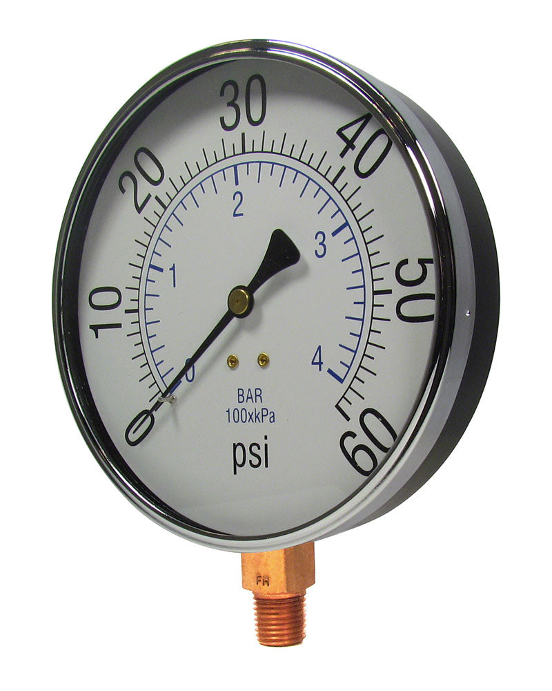 0 to 60 PSI Pressure Gauge - 1/4 Inch Bottom Mount - 4-1/2 Inch Face - Stainless Steel Case