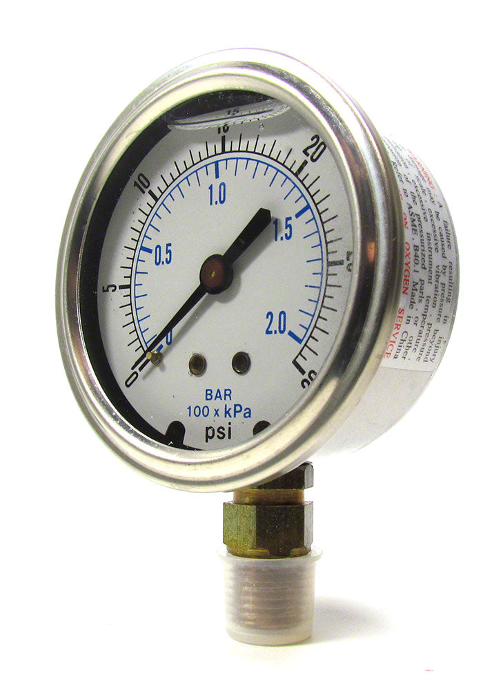 0 to 30 PSI Liquid Filled Pressure Gauge - 1/4 Inch Bottom Mount - 2-1/2 Inch Face - Stainless Steel Case