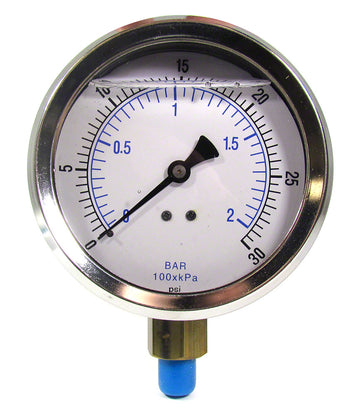 0 to 30 PSI Liquid Filled Pressure Gauge - 1/4 Inch Bottom Mount - 4 Inch Face - Stainless Steel Case