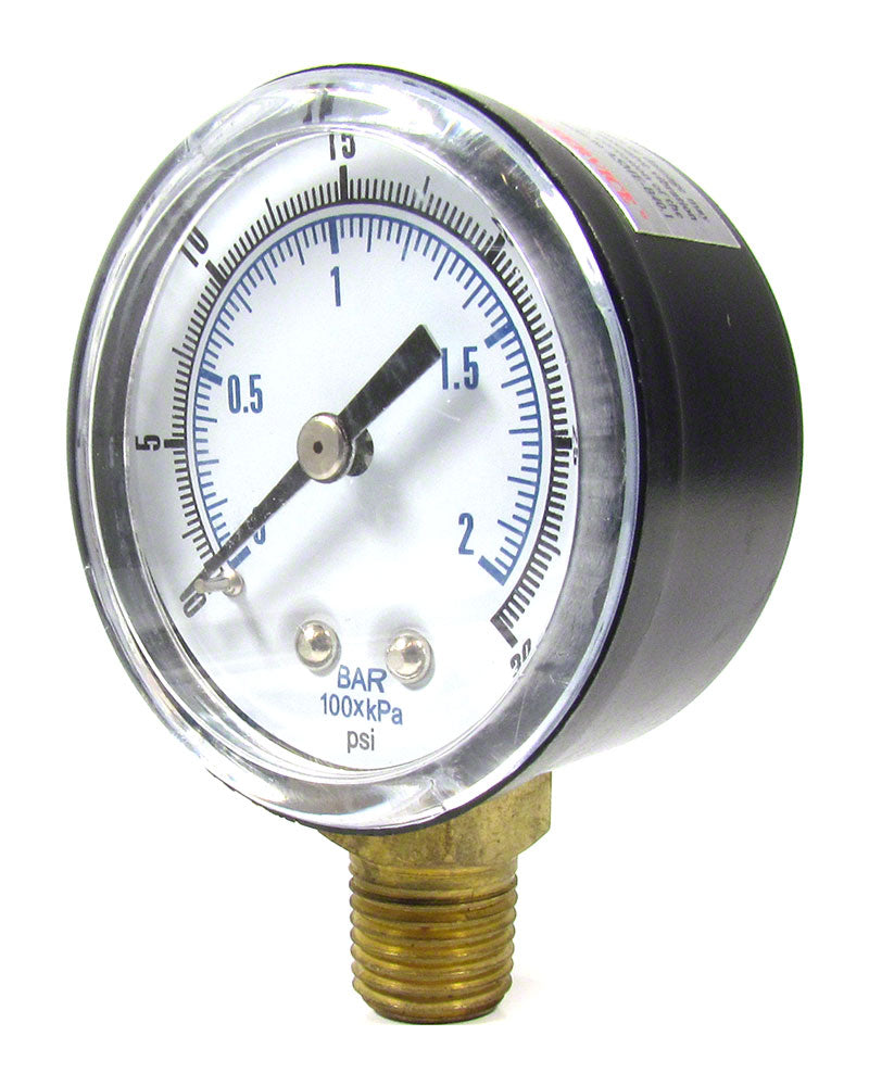 0 to 30 PSI Pressure Gauge - 1/4 Inch Bottom Mount - 2 Inch Face - Plastic Case