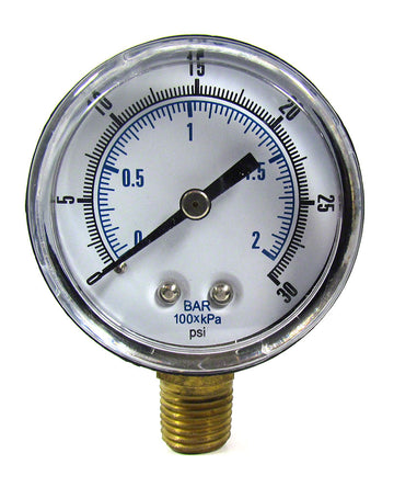 0 to 30 PSI Pressure Gauge - 1/4 Inch Bottom Mount - 2 Inch Face - Plastic Case