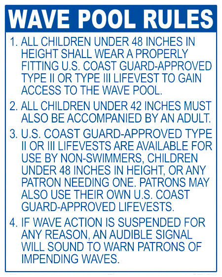 California Wave Pool Rules Sign - 24 x 30 Inches on Styrene Plastic