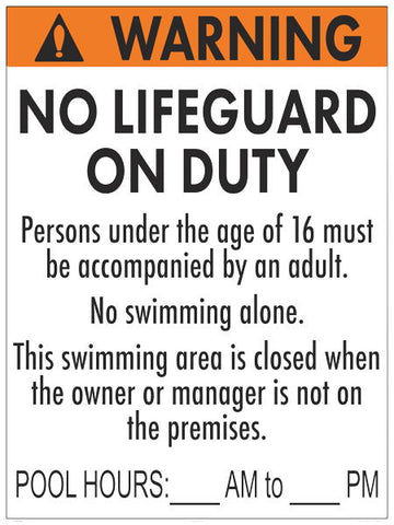 New Jersey No Lifeguard Warning Sign With Pool Hours - 36 x 48 Inches on Heavy-Duty Dibond Aluminum (Customize or Leave Blank)
