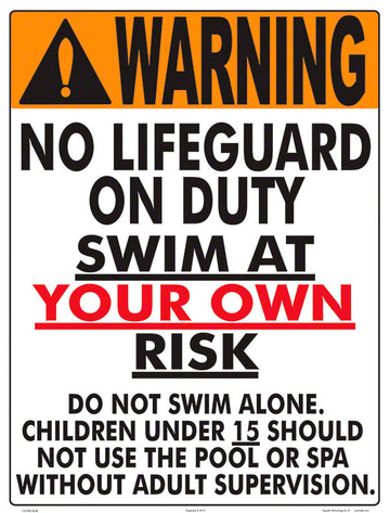 Maryland No Lifeguard Warning Sign (15 Years and Under) - 18 x 24 Inches on Styrene Plastic