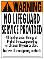 New Mexico No Lifeguard Warning Sign (14 Years and Under) - 18 x 24 Inches on Styrene Plastic (Customize or Leave Blank)