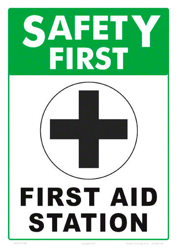 Safety First First Aid Station Sign - 10 x 14 Inches on White Vinyl Stick-on