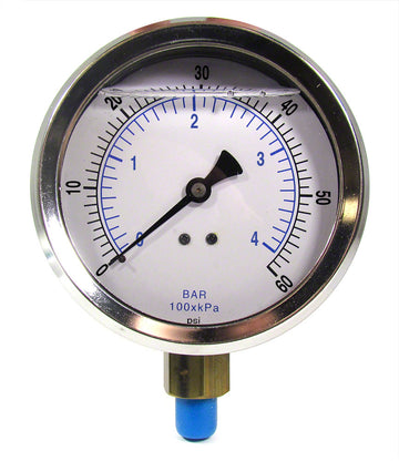 0 to 60 PSI Liquid Filled Pressure Gauge - 1/4 Inch Bottom Mount - 4 Inch Face - Stainless Steel Case