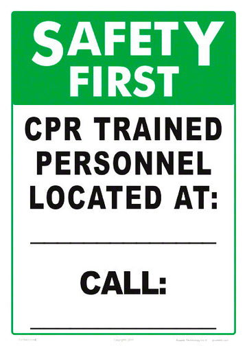 Safety First CPR Personnel Sign - 10 x 14 Inches on Heavy-Duty Aluminum (Customize or Leave Blank)