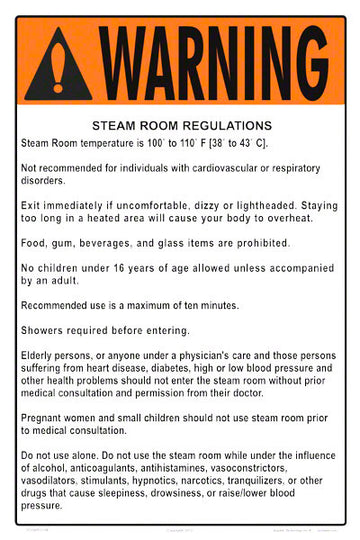 Steam Room Regulations Warning Sign - 12 x 18 Inches on Styrene Plastic