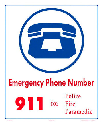 Emergency Phone Number 911 Sign - 10 x 12 Inches on Styrene Plastic