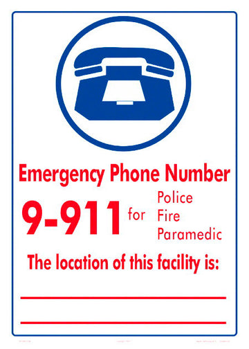 Emergency Phone 9-911 With Facility Location Sign - 10 x 14 Inches on Styrene (Customize or Leave Blank)