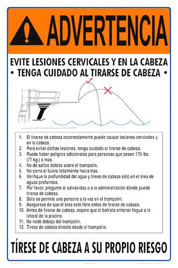 Dive at Your Own Risk Instruction Warning Sign in Spanish - 12 x 18 Inches on Heavy-Duty Aluminum