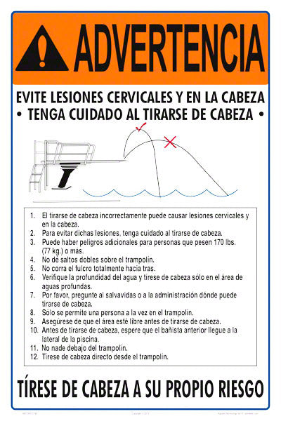 Dive at Own Your Risk Instructional Warning Sign in Spanish - 12 x 18 Inches on Styrene Plastic