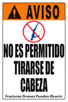 No Diving Allowed Warning Sign (4 Inch Lettering) in Spanish - 12 x 18 Inches on Styrene Plastic