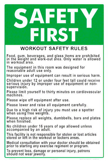 Safety First Workout Safety Rules Sign - 12 x 18 Inches on Styrene Plastic