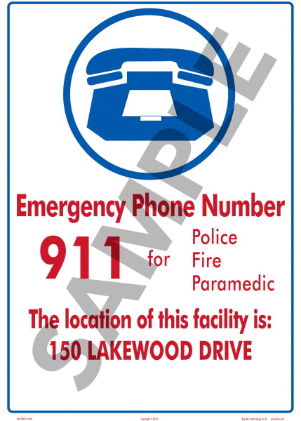 Emergency Phone 911 With Facility Location Sign - 10 x 14 Inches on Heavy-Duty Aluminum (Customize or Leave Blank)
