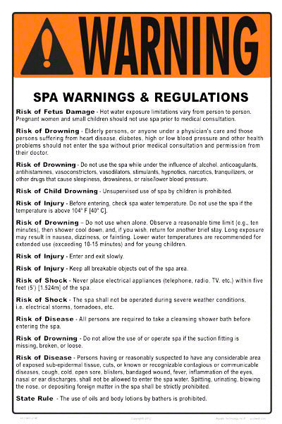 Massachusetts Spa Warnings and Regulations Sign - 12 x 18 Inches on Styrene Plastic
