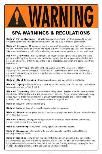 Hawaii Spa Warnings and Regulations Sign - 12 x 18 Inches on Heavy-Duty Aluminum