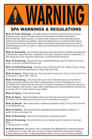 Nevada Spa Warnings and Regulations Sign - 12 x 18 Inches on Styrene Plastic