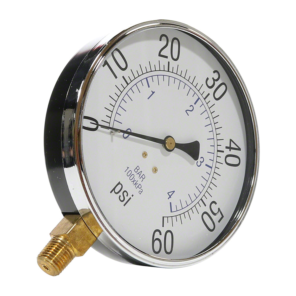 0 to 60 PSI Pressure Gauge - 1/4 Inch Bottom Mount - 4-1/2 Inch Face - Stainless Steel Case