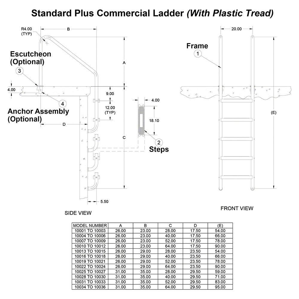 4-Step 35 Inch Wide Standard Plus Commercial Ladder 1.90 x .109 Inch - Plastic Treads