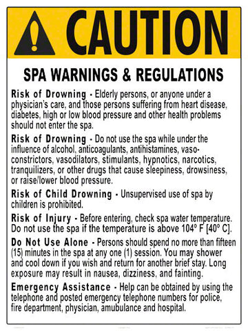 New York Spa Warnings and Regulations Sign - 18 x 24 Inches on Heavy-Duty Aluminum