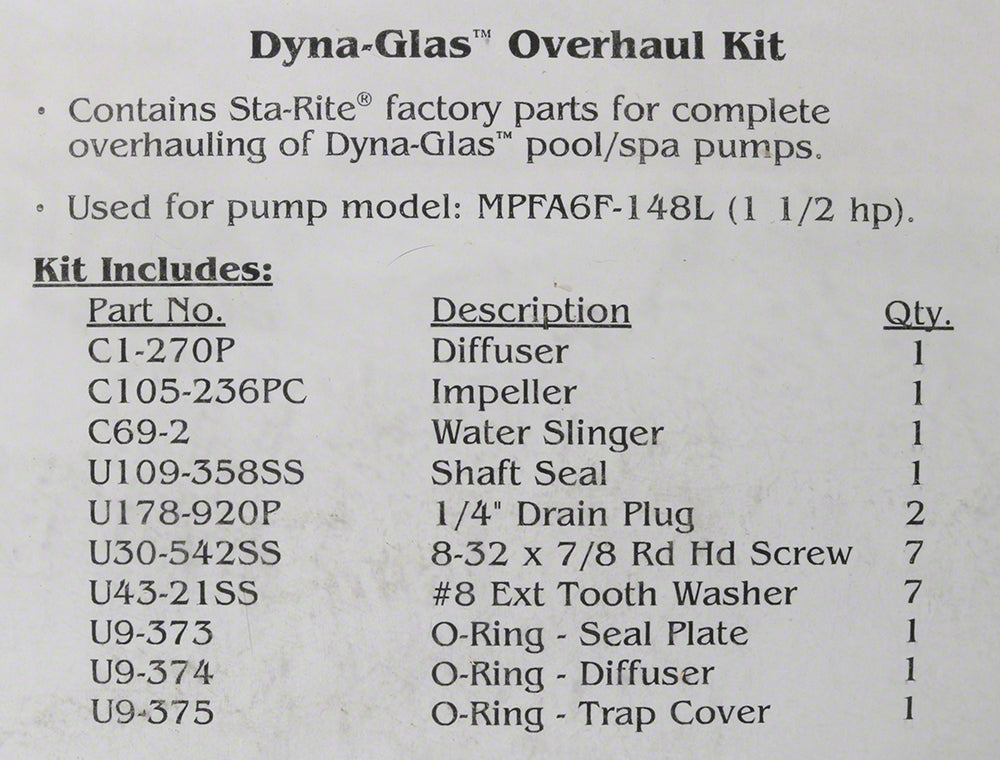 Dyna-Pro/Dyna-Glas MPRA/MPEA Pump Overhaul Kit - 1-1/2 HP