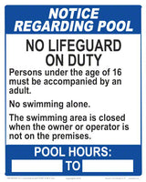 New Jersey Notice Regarding Pool - No Lifeguard on Duty With Hours Statement Sign - 8 x 10 Inches on Heavy-Duty Aluminum (Customize or Leave Blank)