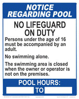 New Jersey Notice Regarding Pool - No Lifeguard on Duty With Hours Statement Sign - 8 x 10 Inches on Styrene Plastic (Customize or Leave Blank)