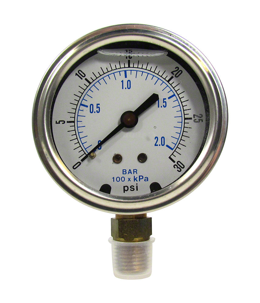 0 to 30 PSI Liquid Filled Pressure Gauge - 1/4 Inch Bottom Mount - 2-1/2 Inch Face - Stainless Steel Case