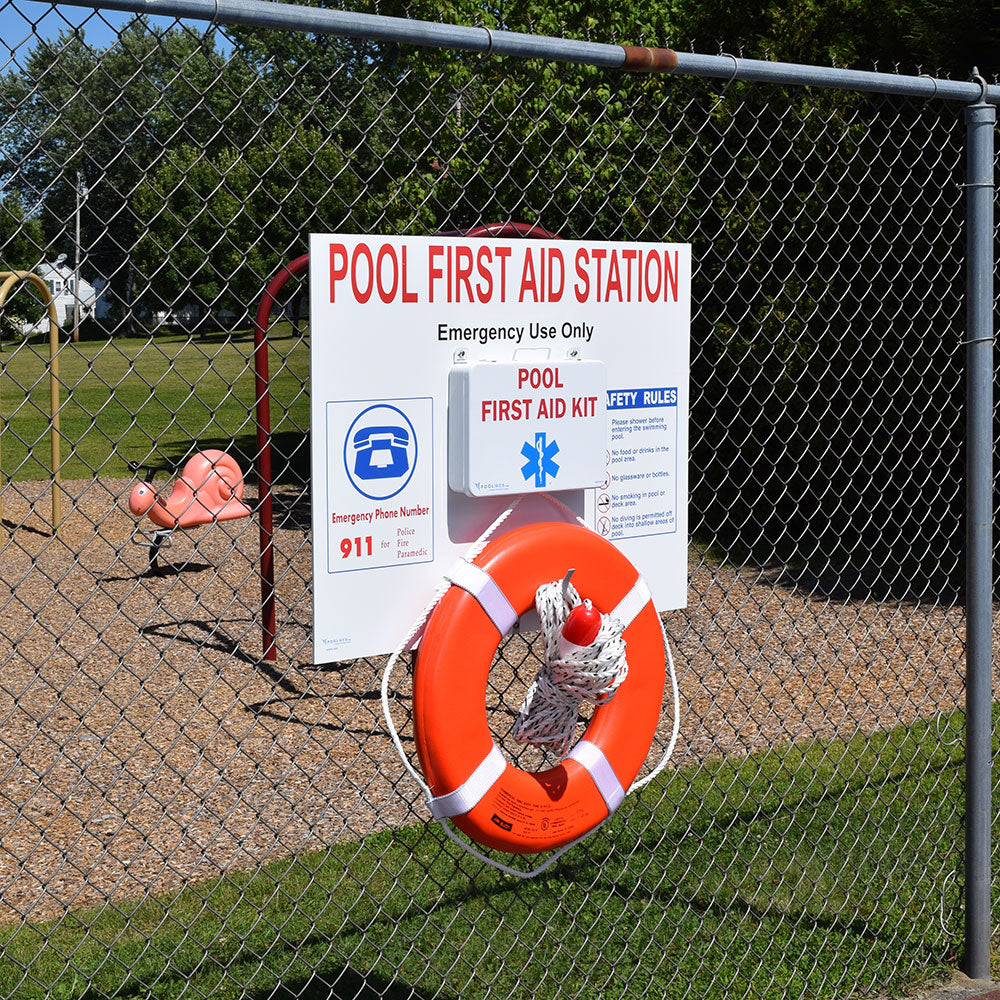 Pool First Aid Station With 24 Inch Orange Life Ring and 60 Foot Rescue Rope