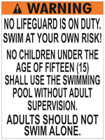 District of Columbia No Lifeguard Warning Sign (15 Years and Under) - 36 x 48 Inches on Heavy-Duty Dibond Aluminum