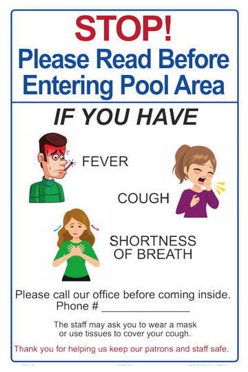 Stop! Please Read Before Entering Pool Area (COVID-19) Sign - 12 x 18 Inches on Styrene Plastic (Customize or Leave Blank)