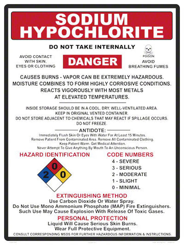 Sodium Hypochlorite Danger Instruction Sign - 18 x 24 Inches on Adhesive Vinyl