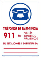 Emergency Phone 911 With Facility Location Sign in Spanish - 10 x 14 Inches on Styrene (Customize or Leave Blank)