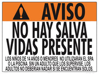 Virginia/West Virgnia No Lifeguard Warning Sign in Spanish (14 Years and Under) - 24 x 18 Inches on Styrene Plastic
