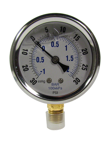 -30 to 30 PSI Liquid Filled Vacuum/Pressure Gauge - 1/4 Inch Bottom Mount - 2-1/2 Inch Face - Stainless Steel Case
