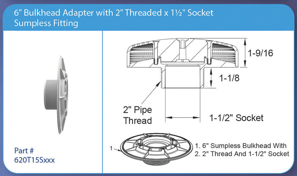 VGB 6 Inch Bulkhead Adapter Fitting - 2 Inch Threaded x 1-1/2 Inch Slip - Sumpless