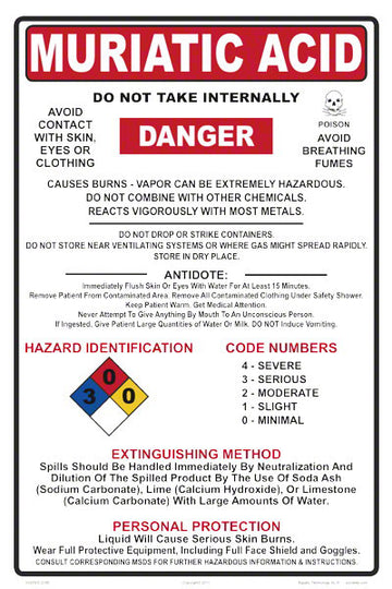 Muriatic Acid Danger Instruction Sign - 12 x 18 Inches on Adhesive Vinyl